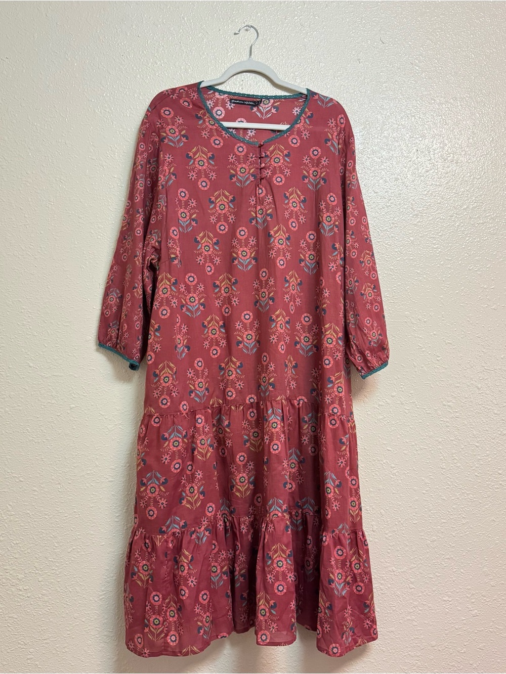Gudrun Sjoden Damask Floral Print Tiered Long Sleeve Dress in Red Curry
